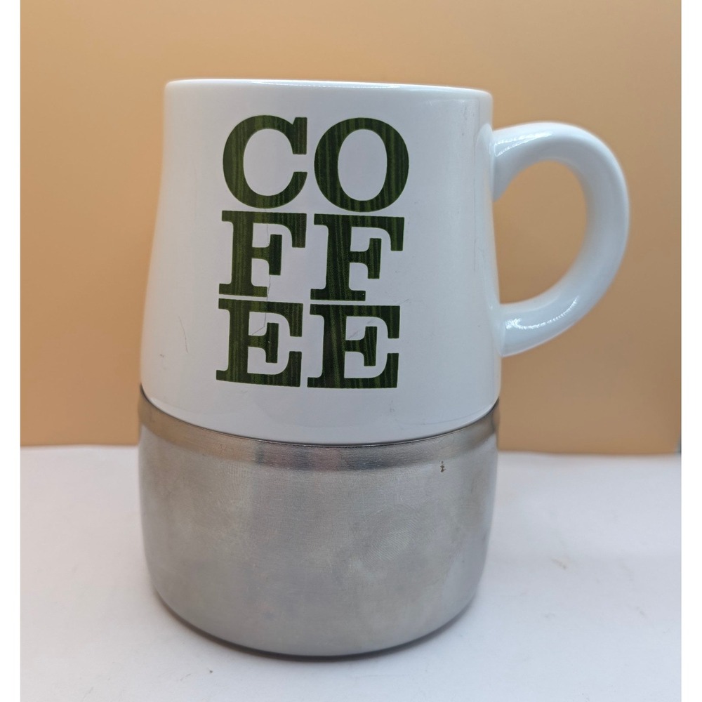 Starbucks 2006 Coffee Mug White Ceramic Stainless Steel Base 14oz Green Logo